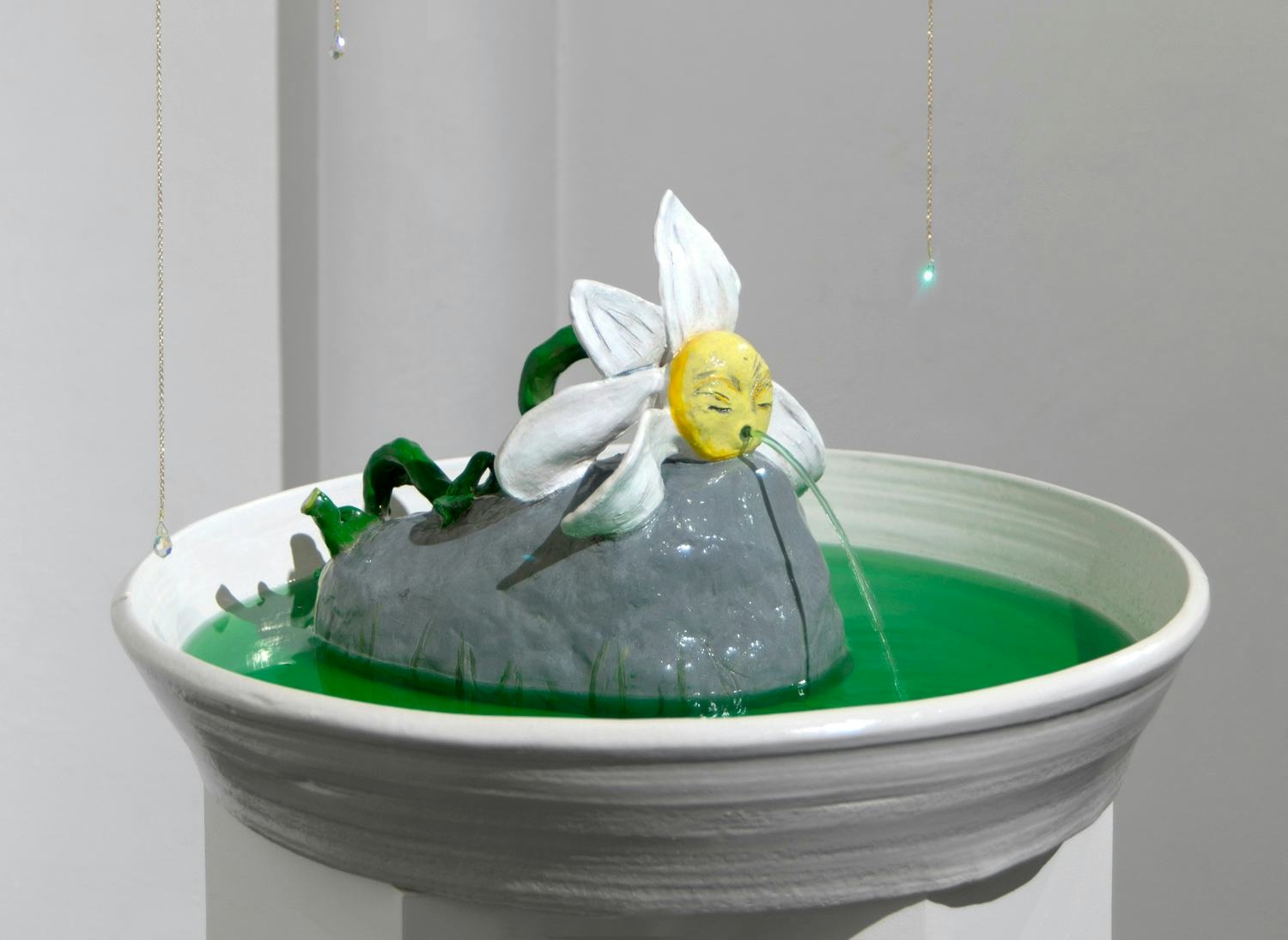 Plucked: The Fountain (2017)
Glazed ceramic, green water, water pump, chain, crystals