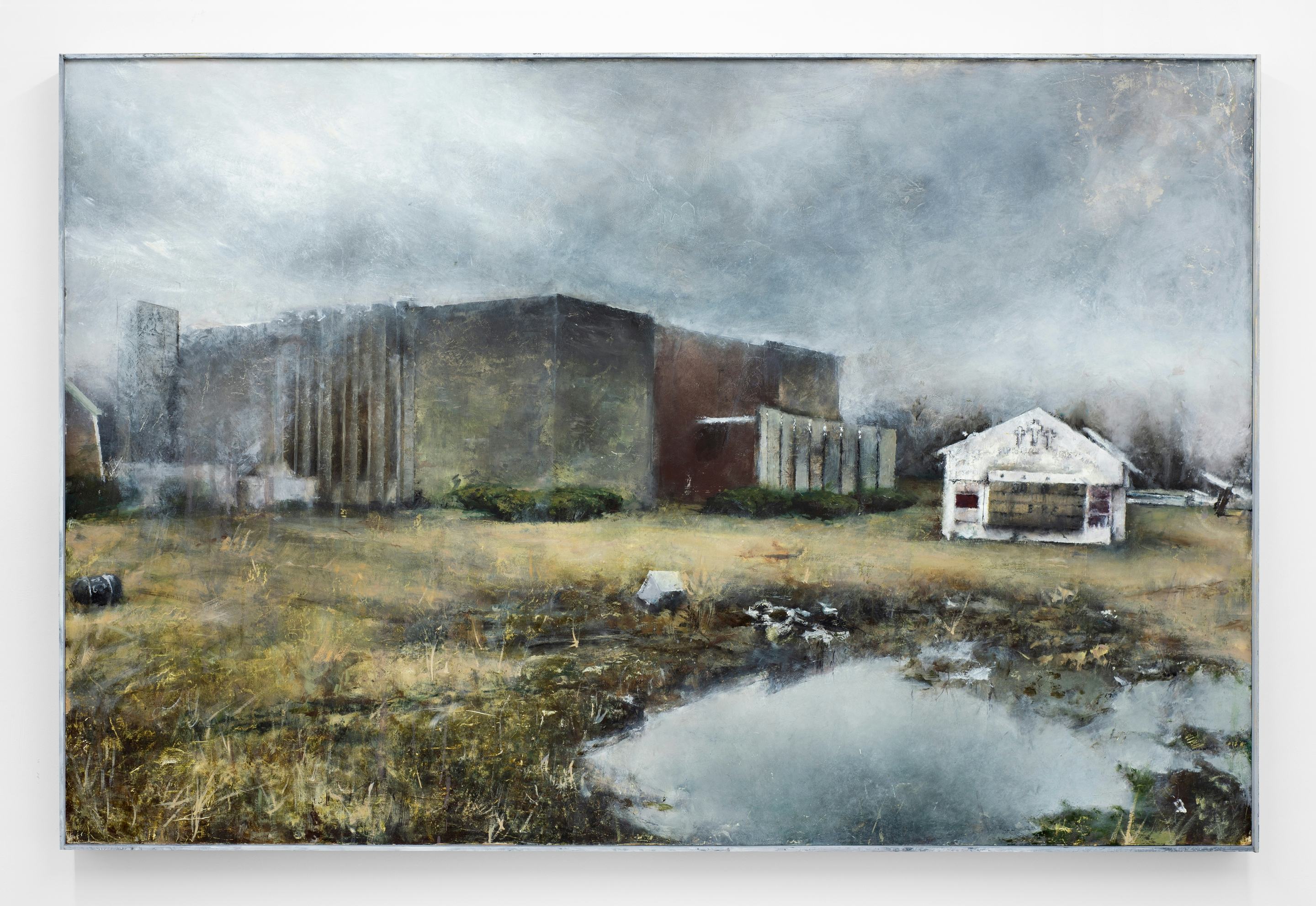 Church Landscape (2022)
Oil on panel with artist's frame
40.25h x 60.5w x 2.75d inches (102.235h x 153.67w x 6.985d cm)