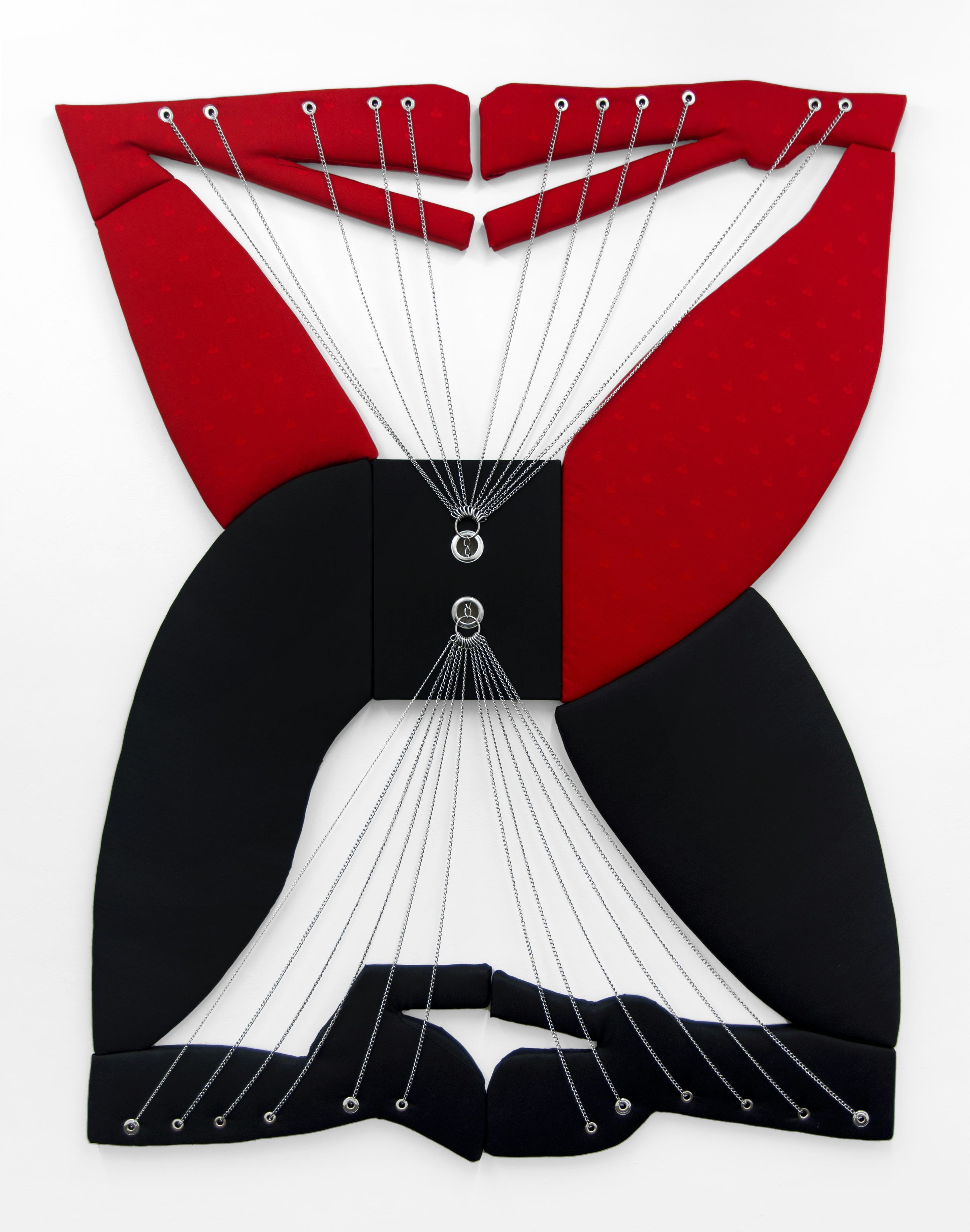 Black Widow Anarchist Hour Glass (2018)
Fabric, canvas, hardware, chain on shaped panel
78h × 60w inches (198.12h × 152.4w cm)